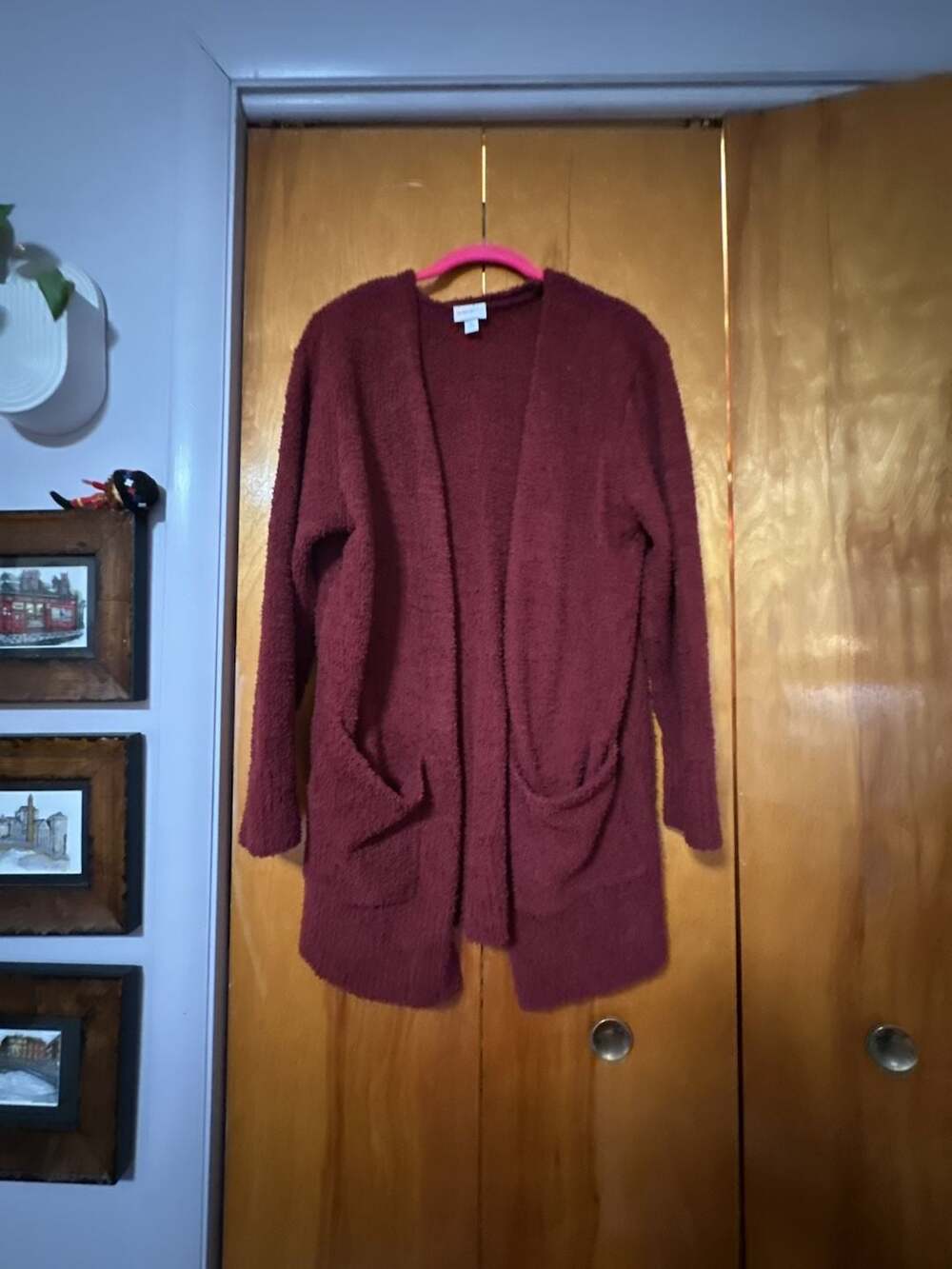 LuLaRoe Cardigan Sweater Size XL Burgundy Fuzzy Open Front Pockets